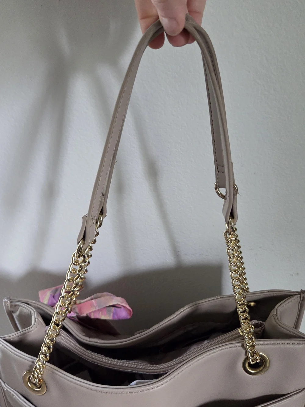 Betsey Johnson Women's Quilted Tote Bag in Light Taupe with Pink Scarf - Picture 5 of 12